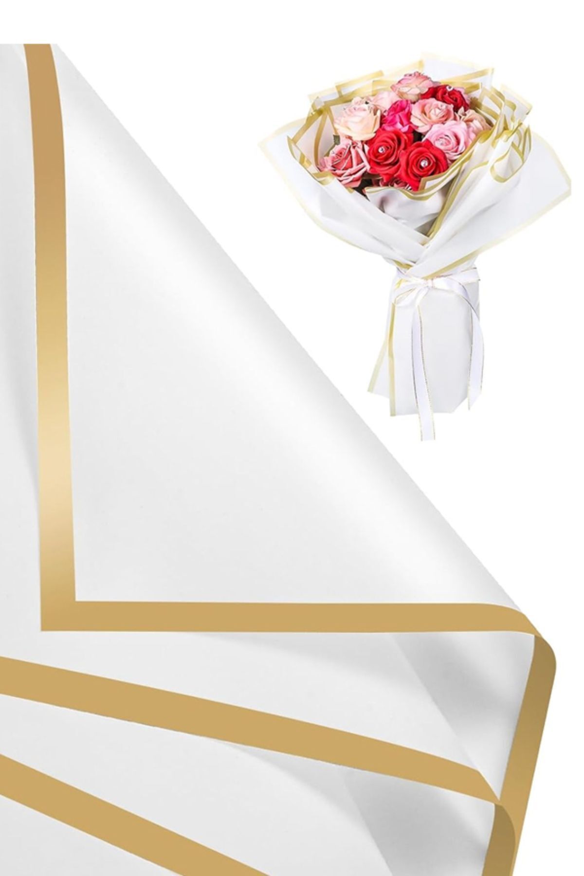 Çiçek Ambalaj Kağıdı Beyaz Altın Kenarlı 4 Adet Yapay Çiçek Kuru Çiçek Canlı Çiçek Buket Kağıdı