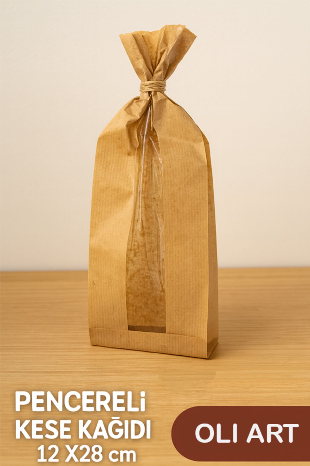 Kraft Pencereli Kese Kağıdı 12x28cm 100 Adet Yandan Körüklü Ambalaj Kağıdı Hediye Paketi Kraft Paket