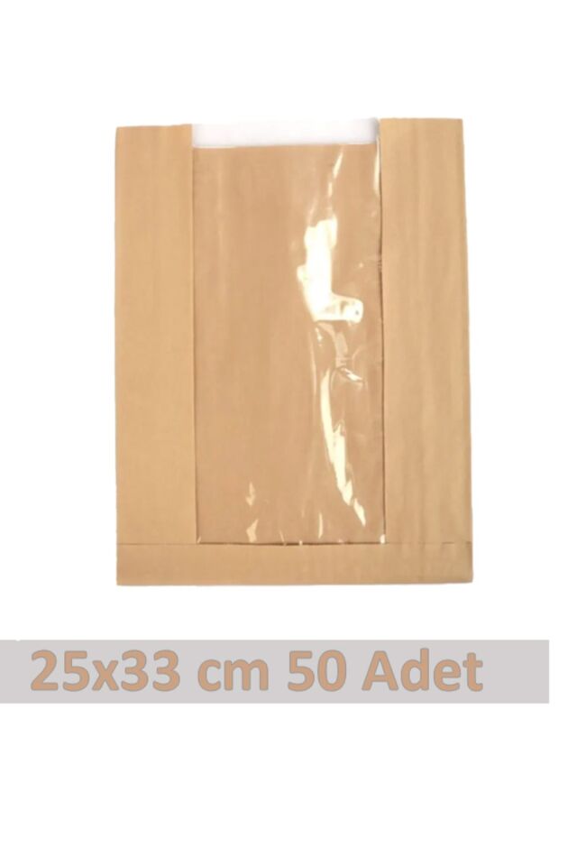 Kraft Pencereli Kese Kağıdı 25x33cm 50 Adet Yandan Körüklü Ambalaj Kağıdı Hediye Paketi Kraft Paket