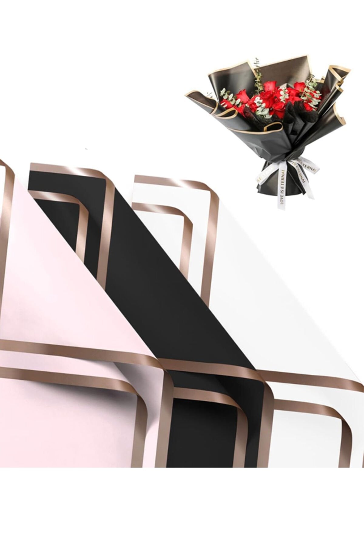 Çiçek Kağıdı 12 Adet 3 Renk Pembe-Siyah-Beyaz Yapay Çiçek Kuru Çiçek Canlı Çiçek Buket Kağıdı