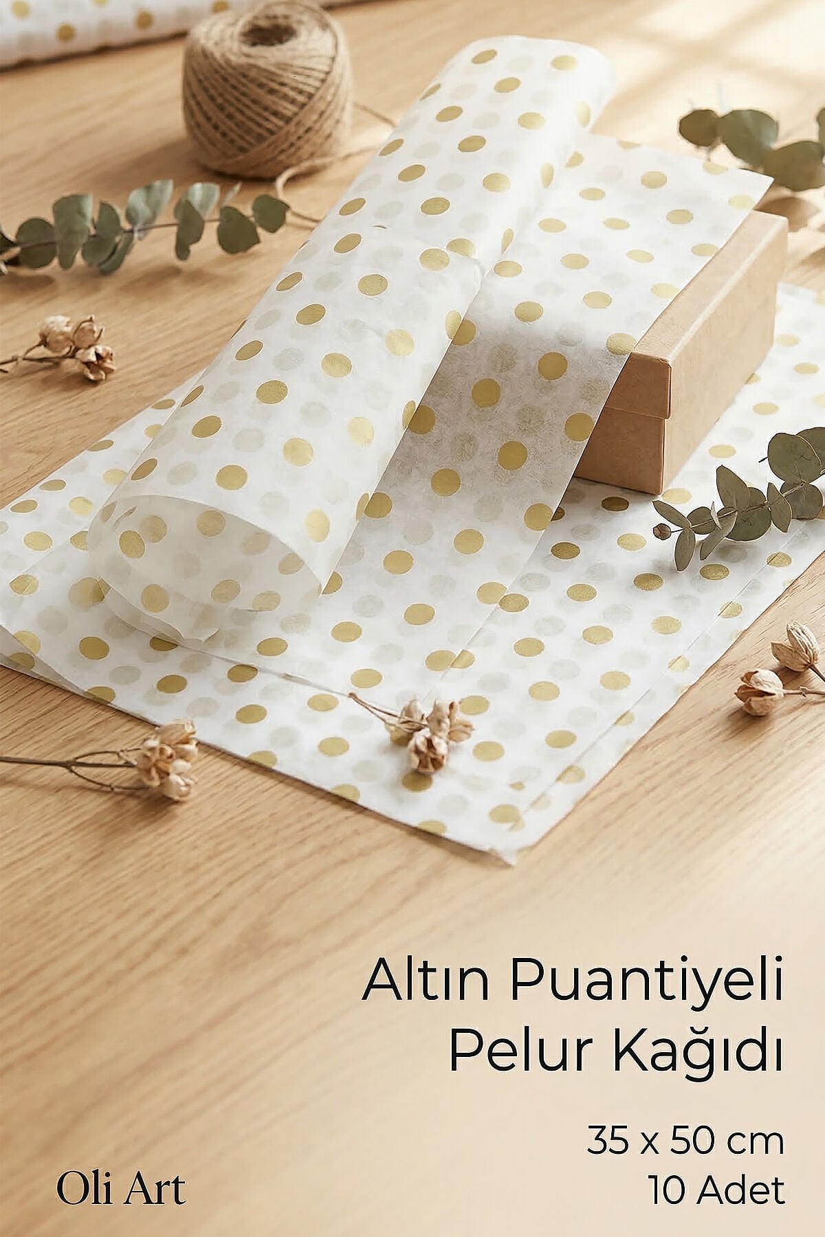Altın Puantiyeli Pelur Kağıdı – Hediye Paketleme Kağıdı | 35x50 cm | 10 Adet |