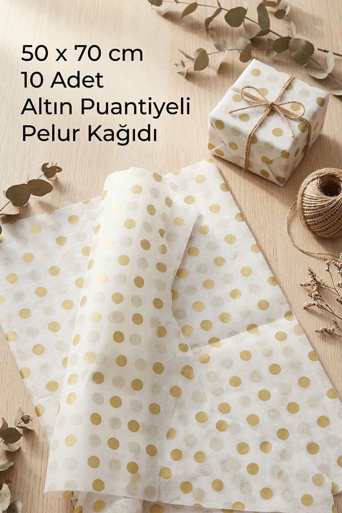 Altın Puantiyeli Pelur Kağıdı – Hediye Paketleme Kağıdı | 50x70 cm | 10 Adet |