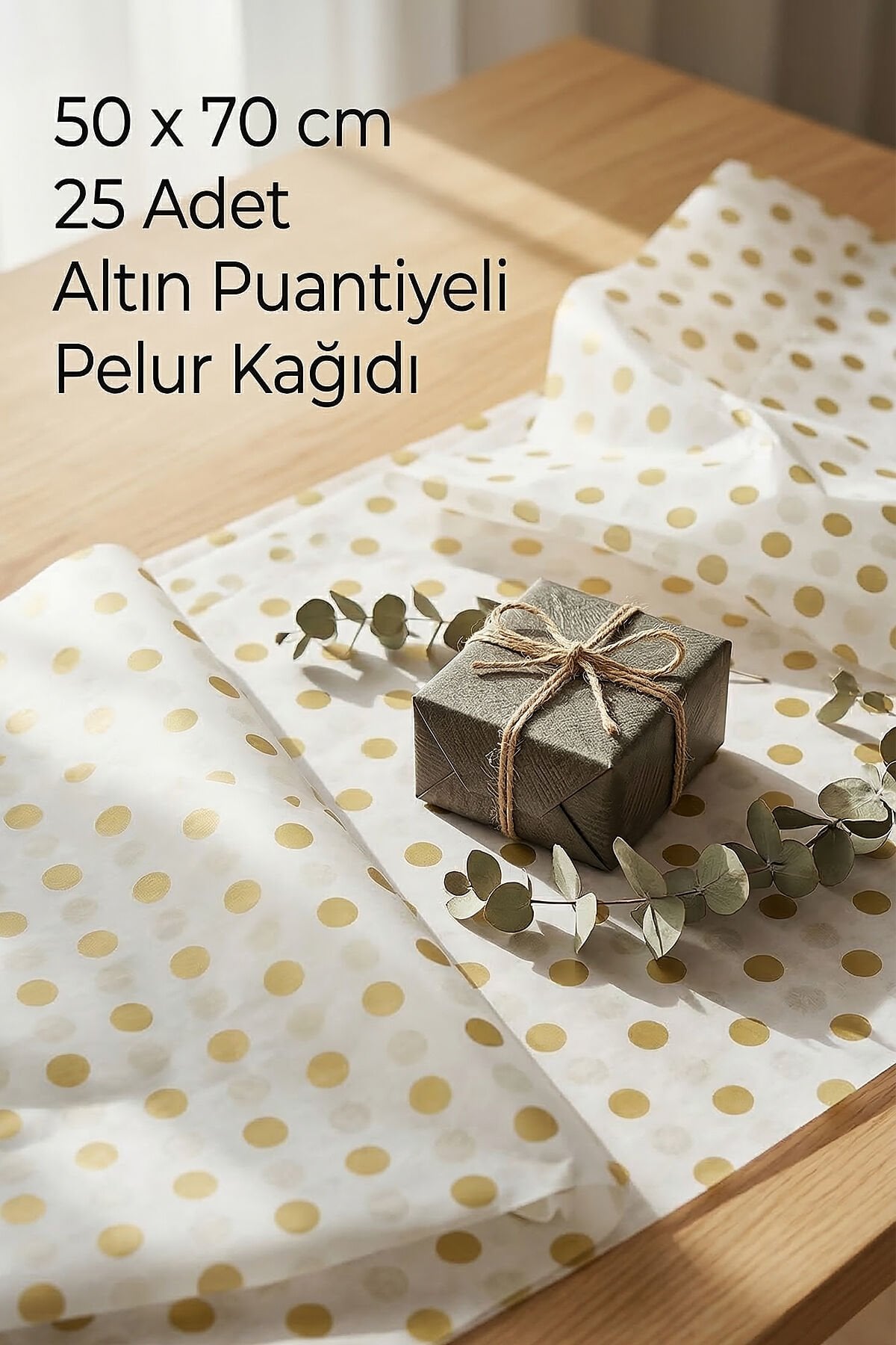 Altın Puantiyeli Pelur Kağıdı – Hediye Paketleme Kağıdı | 50x70 cm | 25 Adet |