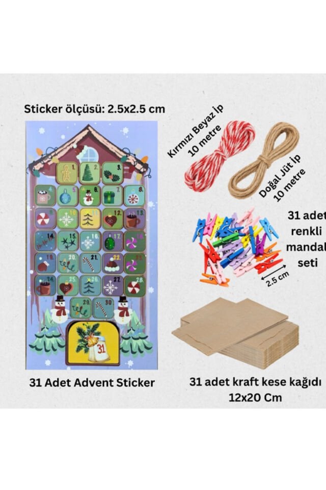 Yılbaşı Advent Takvimi Seti – Yılbaşı Sticker Seti, Mini Mandal, 12x20 Kese, Süsleme İpi
