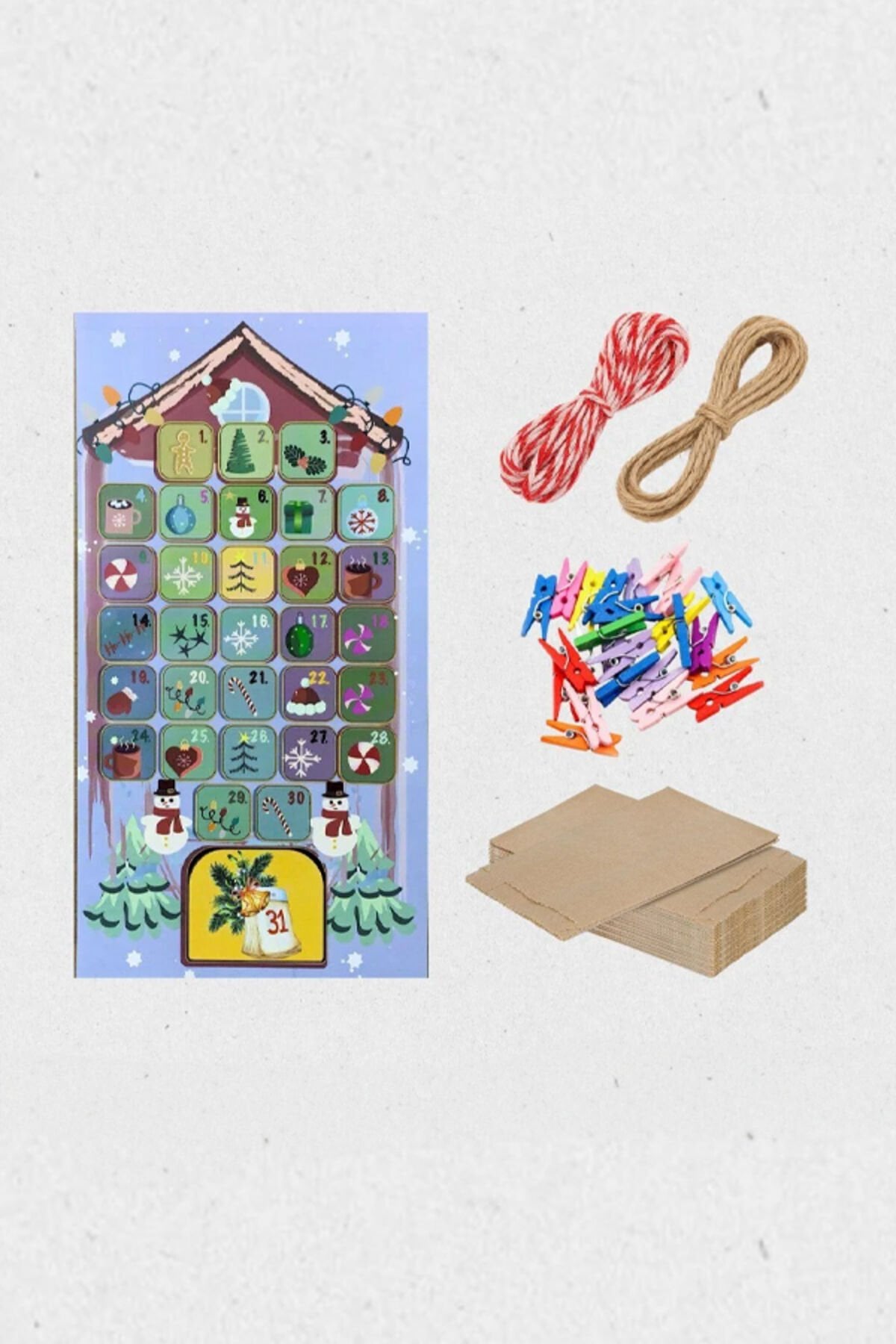 Yılbaşı Advent Takvimi Seti – Yılbaşı Sticker Seti, Mini Mandal, 12x20 Kese, Süsleme İpi