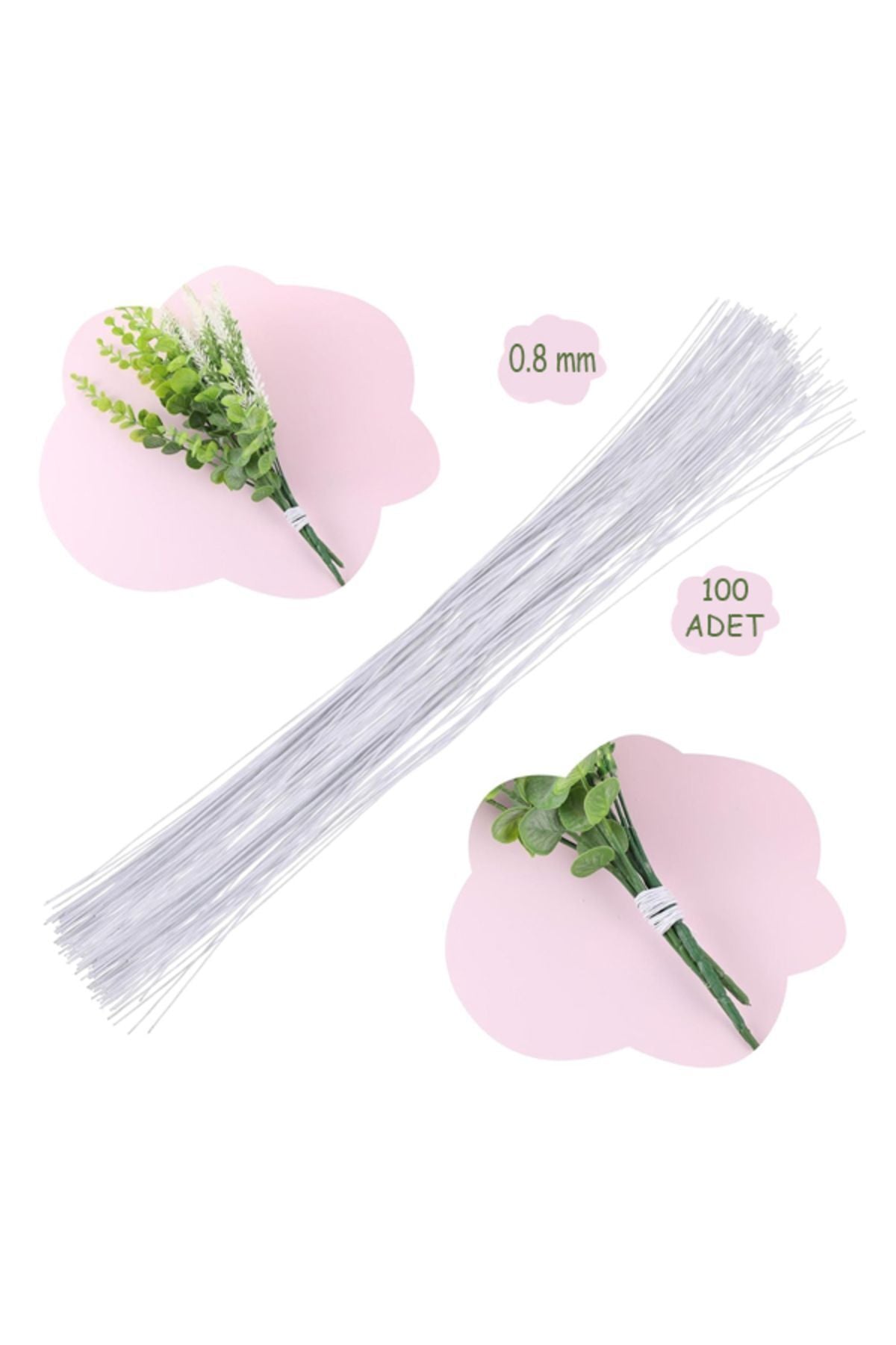 Çiçek Teli 0.8mm 100 Adet Beyaz Çiçek Yapımı Yapay Çiçek Dalı Çiçek Bandı Sarılı Metal Çiçek Teli