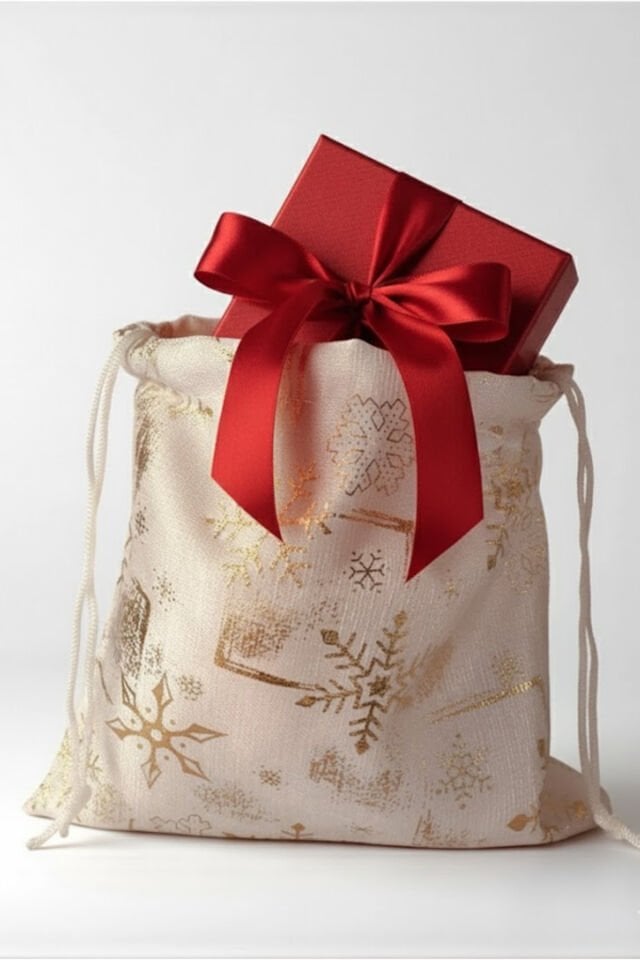 Büyük Boy Beyaz Altın Varaklı Kumaş Hediye Kesesi - 12 ADET - 17x23 cm – Yılbaşı Hediye Torbası,