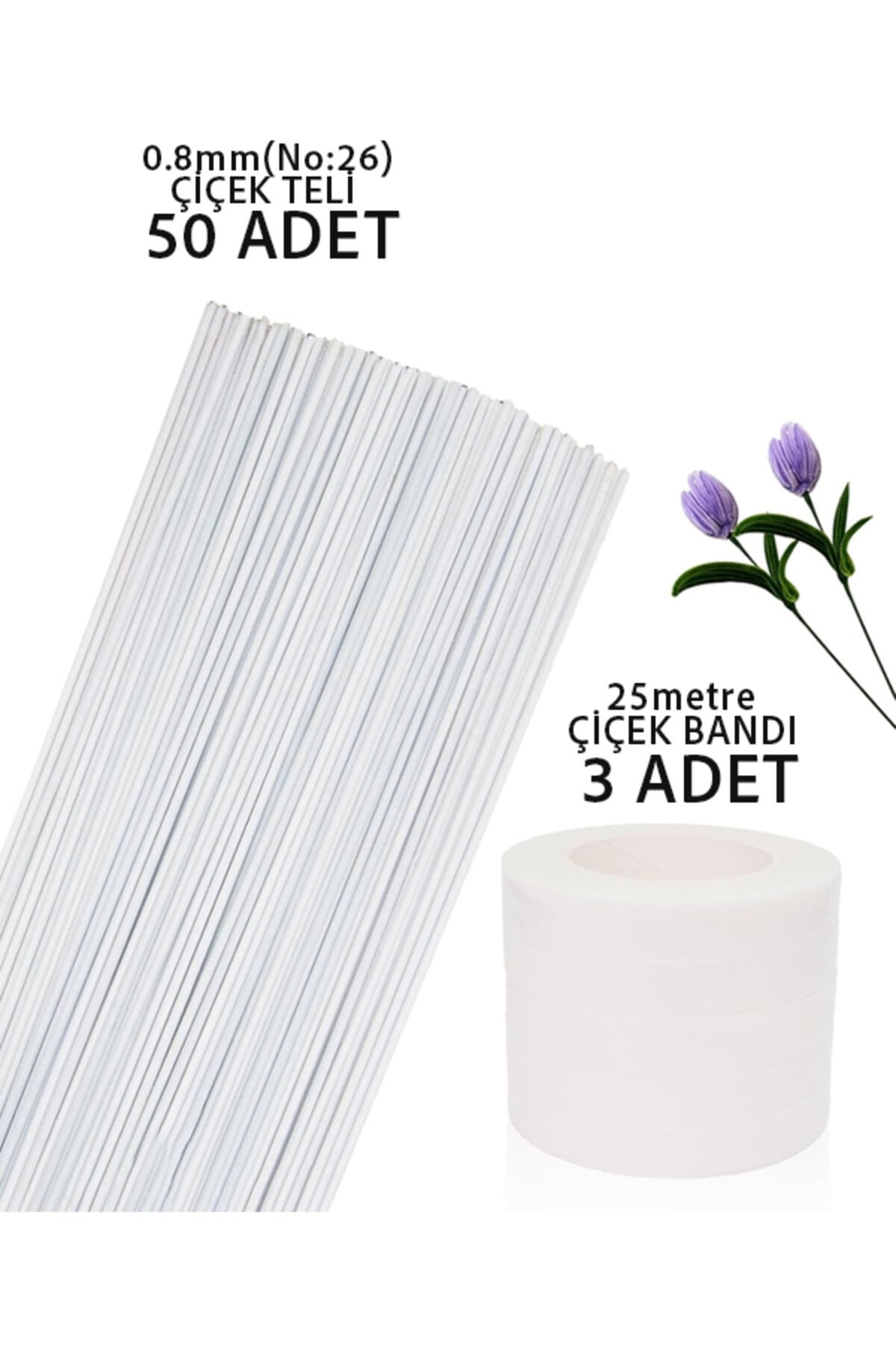 Yapışkanlı Çiçek Bandı ve Çiçek Teli BEYAZ 53Parça Çiçek Sarma Bandı 3 Adet 0.8mm Çiçek Teli 50 Ad.
