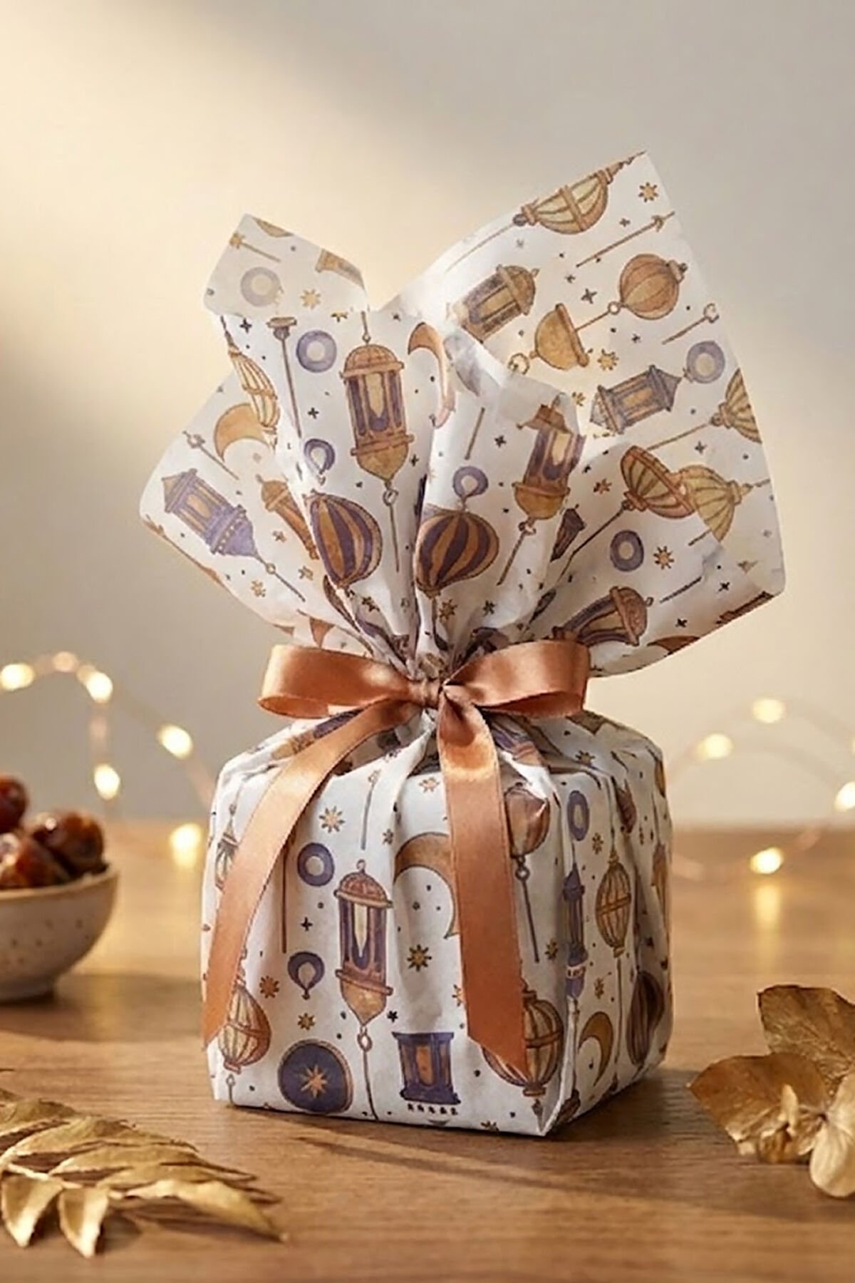 Ramazan Temalı Baskılı Pelur Kağıdı Beyaz Üzeri Desenli 25x35 cm – 25 Adet İnce Hediye Kağıdı