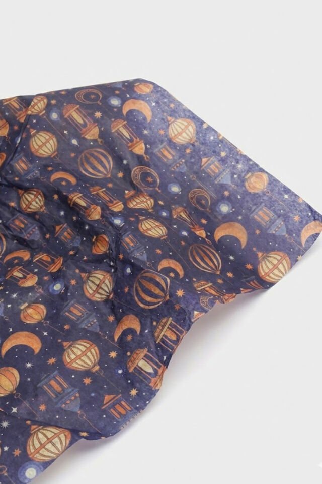 Ramazan Temalı Baskılı Pelur Kağıdı Lacivert Üzeri Desenli 25x35 cm – 25 Adet İnce Hediye Kağıdı