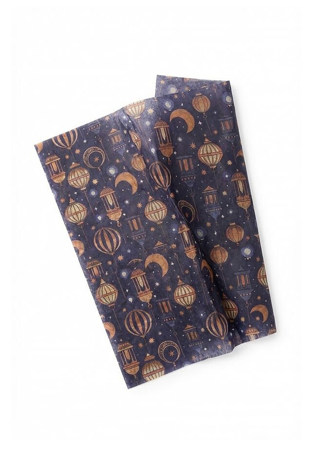 Ramazan Temalı Baskılı Pelur Kağıdı Lacivert Üzeri Desenli 25x35 cm – 25 Adet İnce Hediye Kağıdı