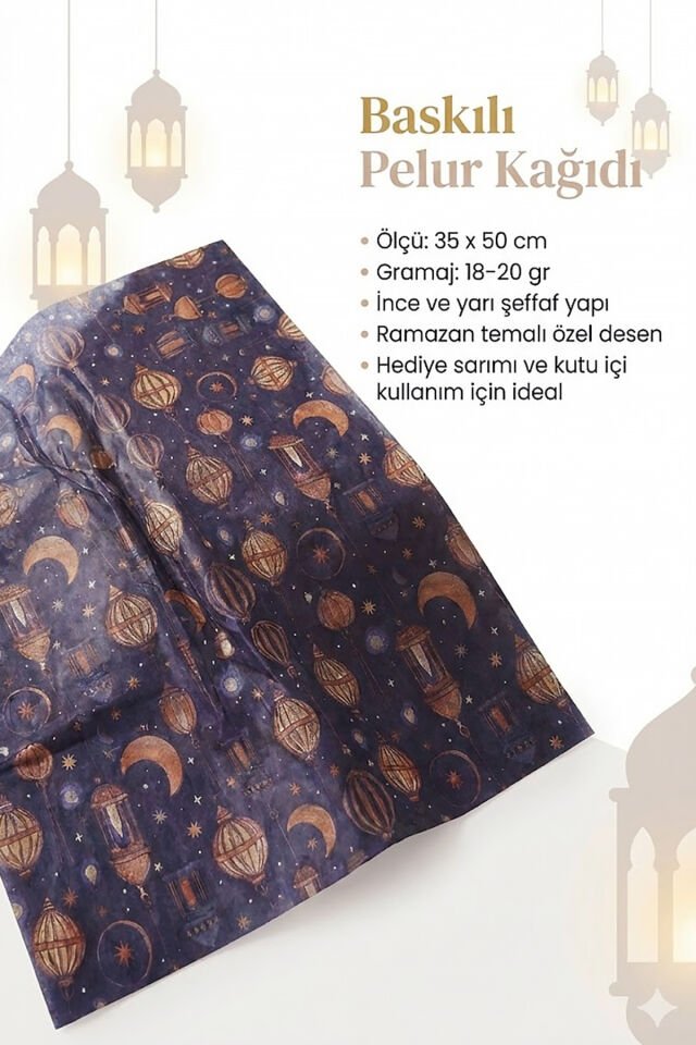 Ramazan Temalı Baskılı Pelur Kağıdı Lacivert Üzeri Desenli 25x35 cm – 25 Adet İnce Hediye Kağıdı