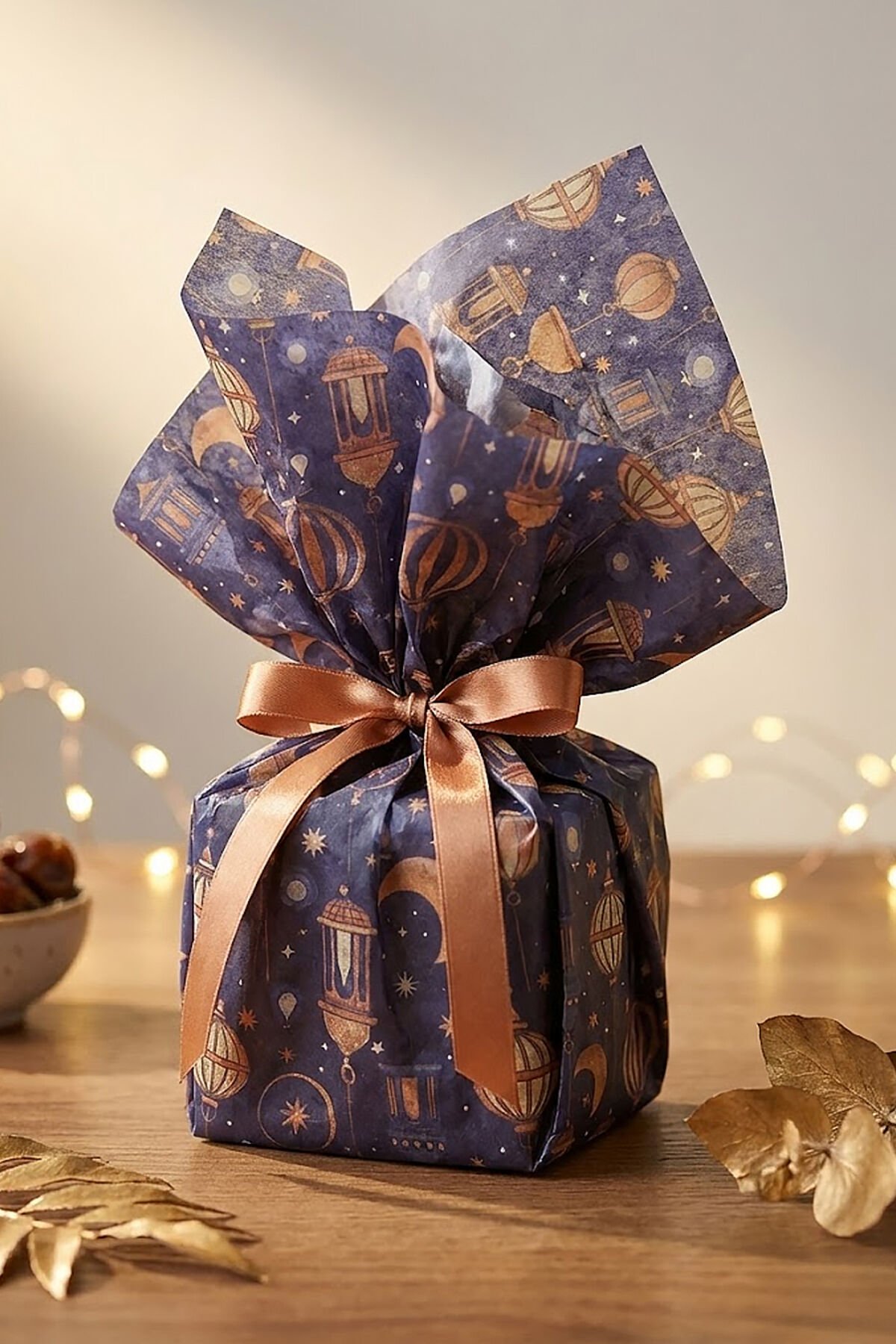 Ramazan Temalı Baskılı Pelur Kağıdı Lacivert Üzeri Desenli 25x35 cm – 25 Adet İnce Hediye Kağıdı