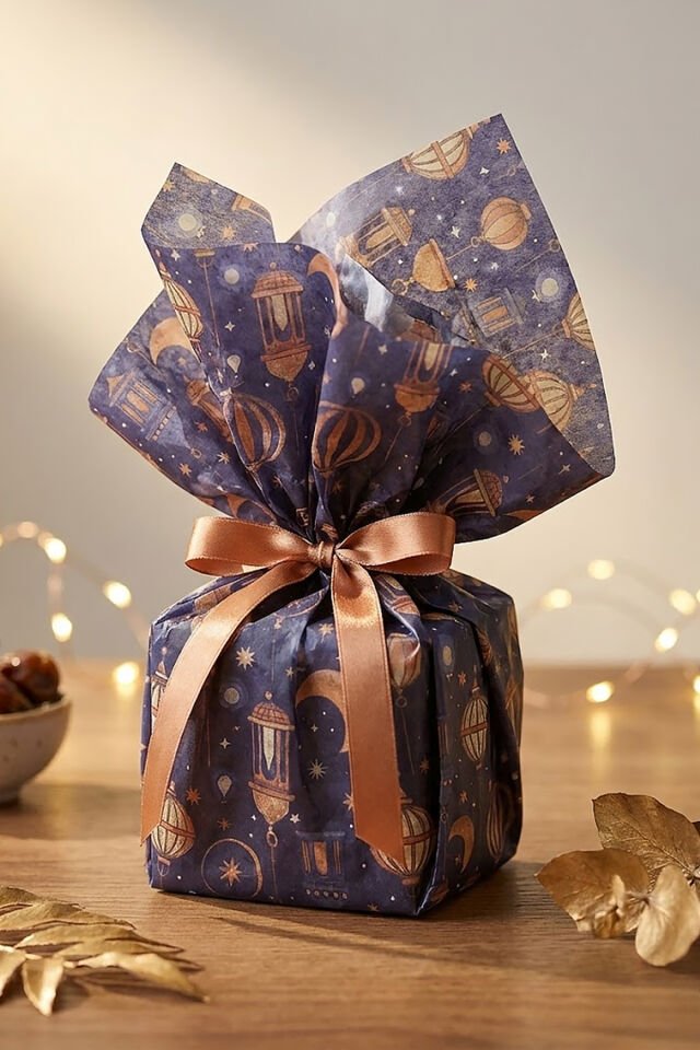 Ramazan Temalı Baskılı Pelur Kağıdı Lacivert Üzeri Desenli 25x35 cm – 25 Adet İnce Hediye Kağıdı