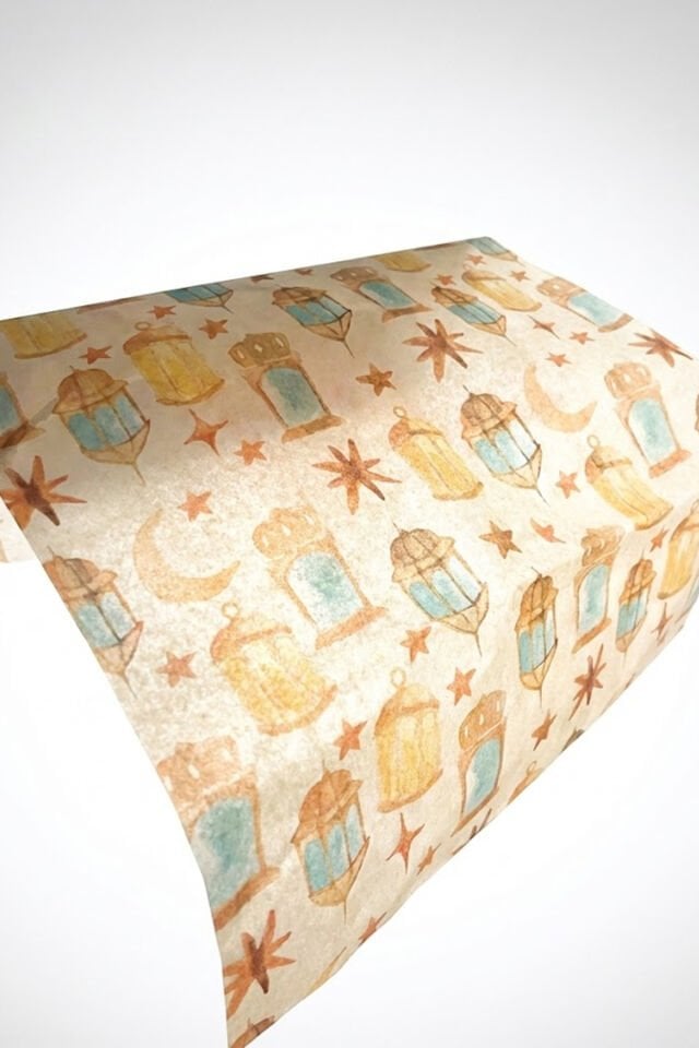Ramazan Temalı Baskılı Pelur Kağıdı Krem Üzeri Desenli 25x35 cm – 25 Adet İnce Hediye Kağıdı