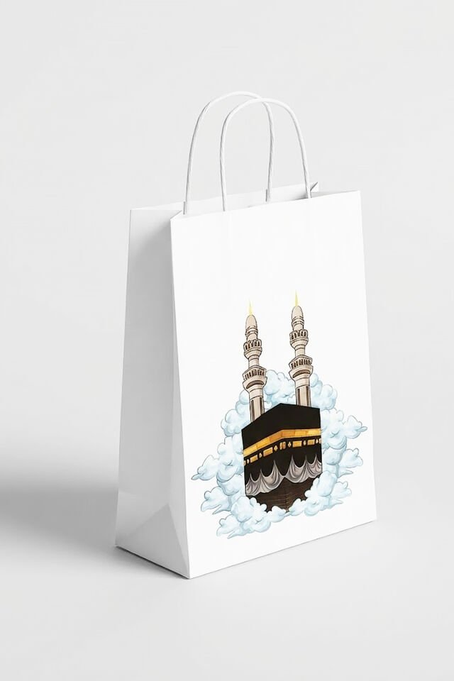 Ramazan Temalı Baskılı Kağıt Poşet 8x18x23 cm - 3 ADET – Burgu Saplı Beyaz Hediye Çantası A2