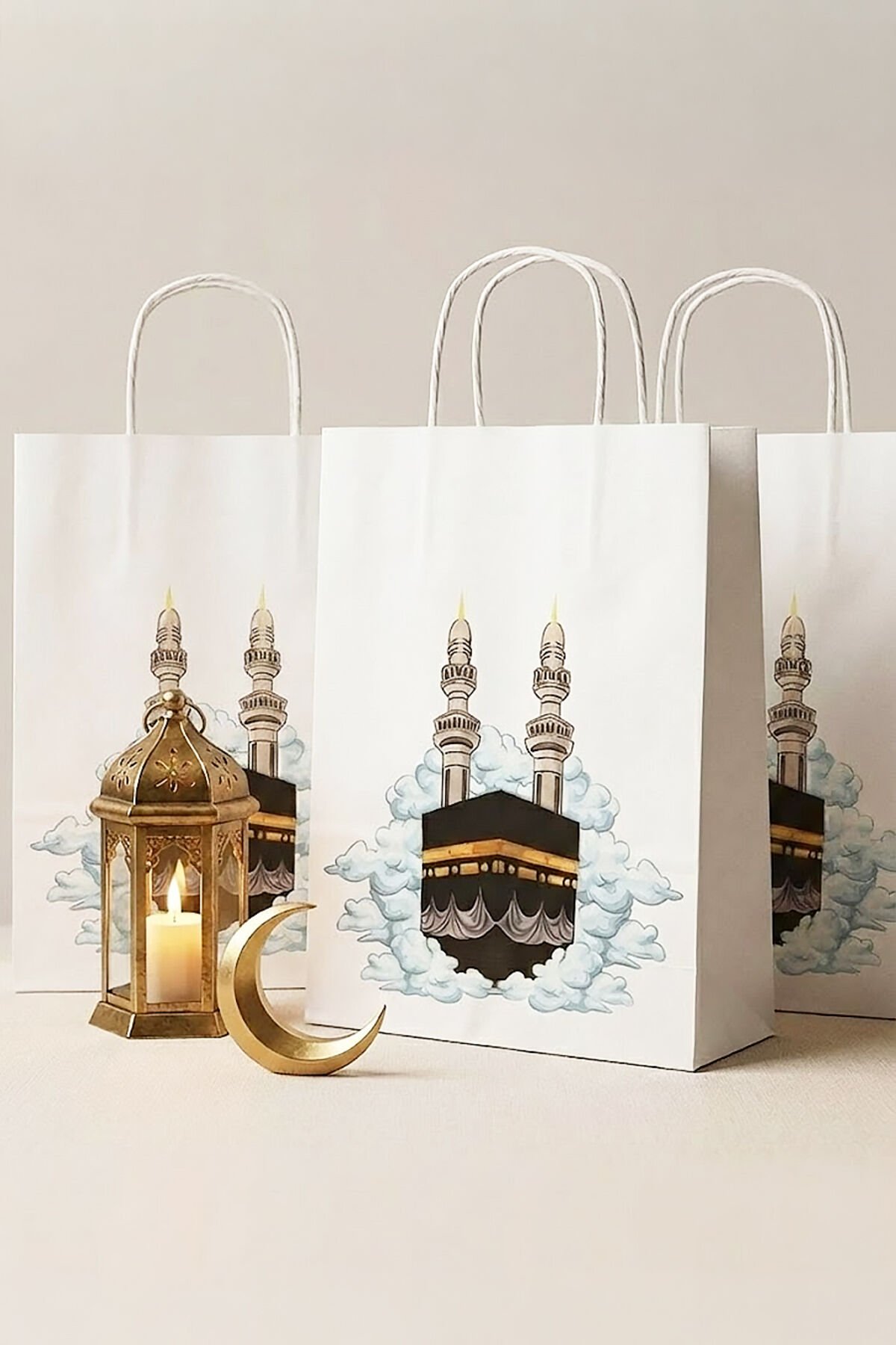 Ramazan Temalı Baskılı Kağıt Poşet 8x18x23 cm - 3 ADET – Burgu Saplı Beyaz Hediye Çantası A2
