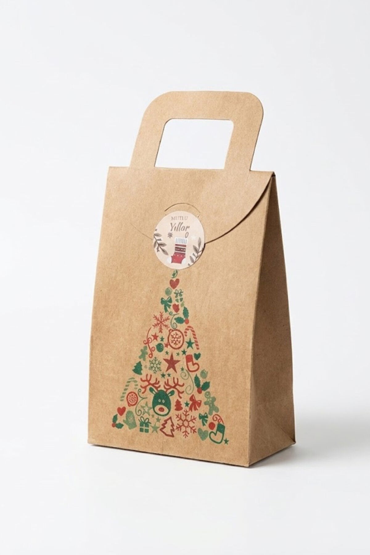 Yılbaşı Kraft Hediye Çantası ve Sticker Seti – 10 Adet 15 cm Çanta + 10 Adet 3 cm Yuvarlak Etiket