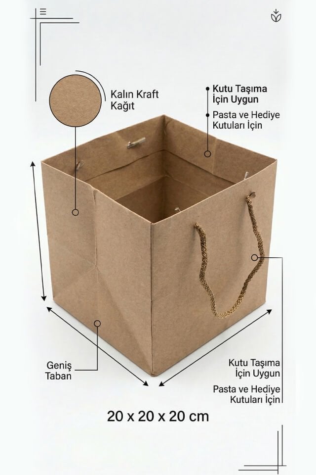 20x20x20cm 10 Adet Kalın Kraft Pasta Kutusu Taşıma Çantası – Geniş Tabanlı Dayanıklı Kraft Çanta