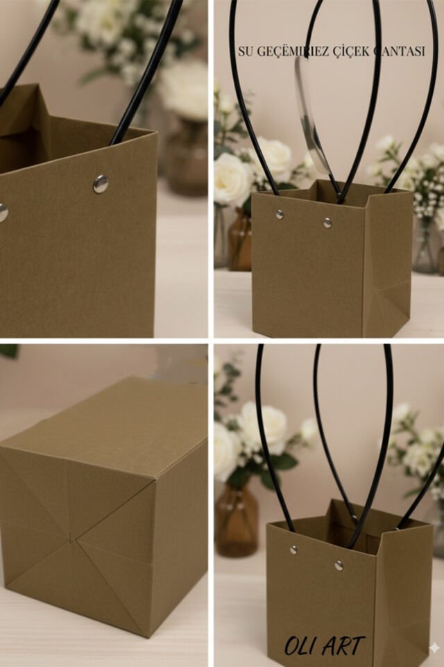 Dekoratif Kraft Çiçek Taşıma Torbası 6 Adet | 16x16 cm Su Geçirmez Model