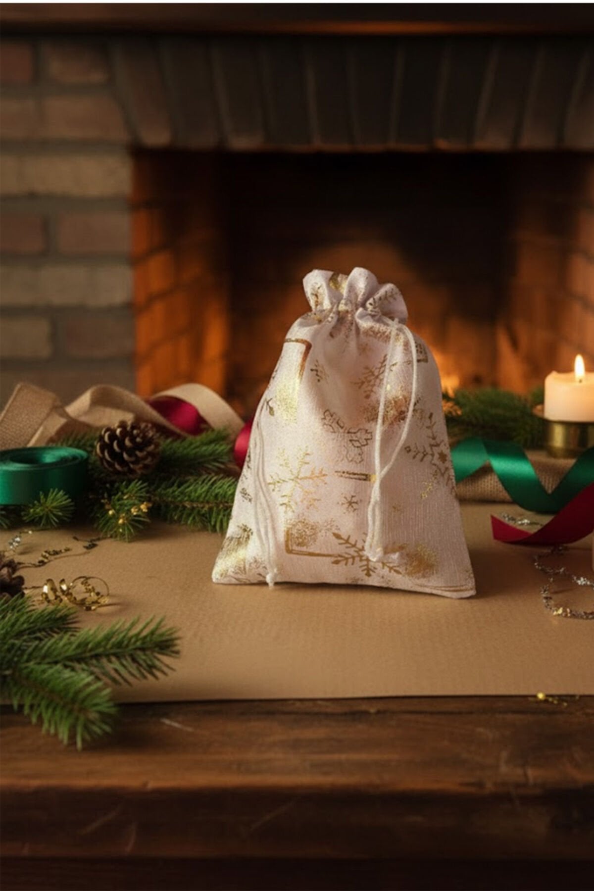 Küyük Boy Beyaz Altın Varaklı Kumaş Hediye Kesesi - 12 ADET - 13x18 cm – Yılbaşı Hediye Torbası