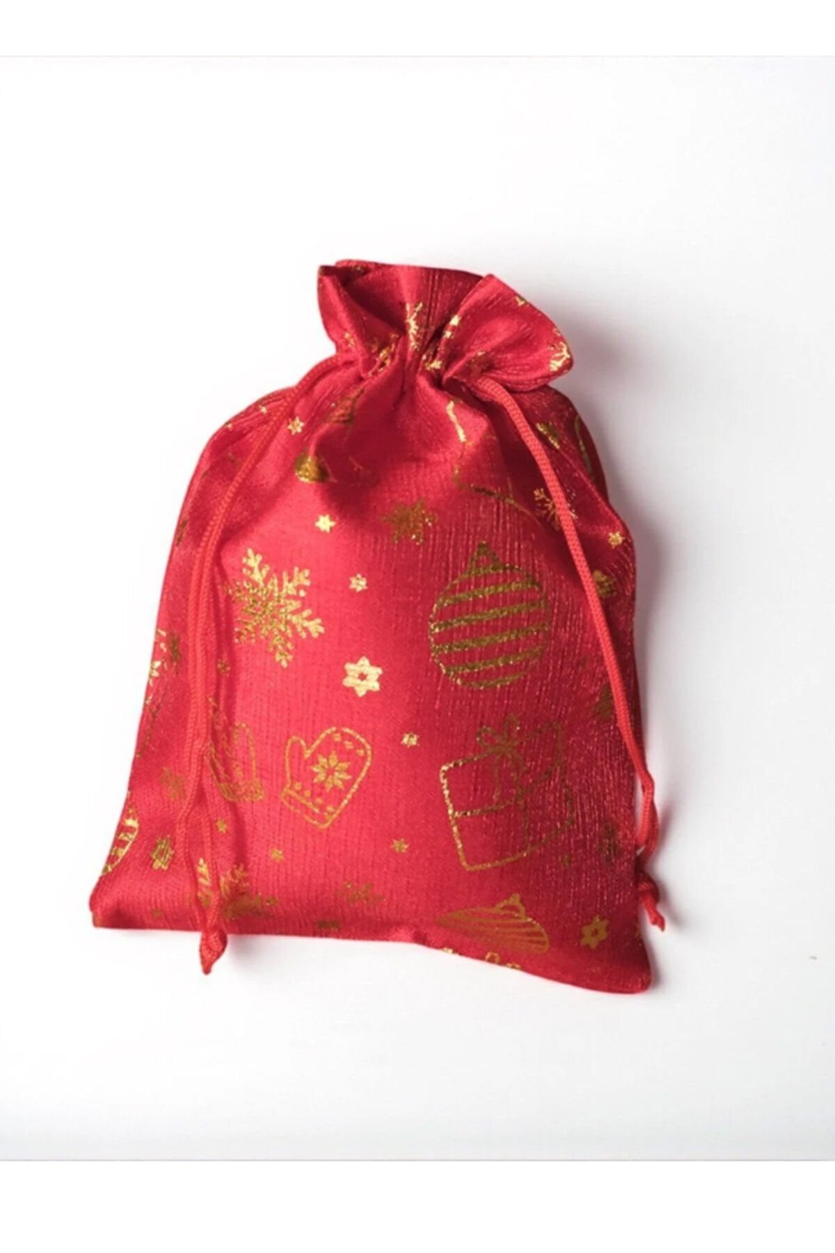 Küçük Boy Kırmızı Altın Varaklı Kumaş Hediye Kesesi - 12 ADET - 13x18 cm – Yılbaşı Hediye Torbası