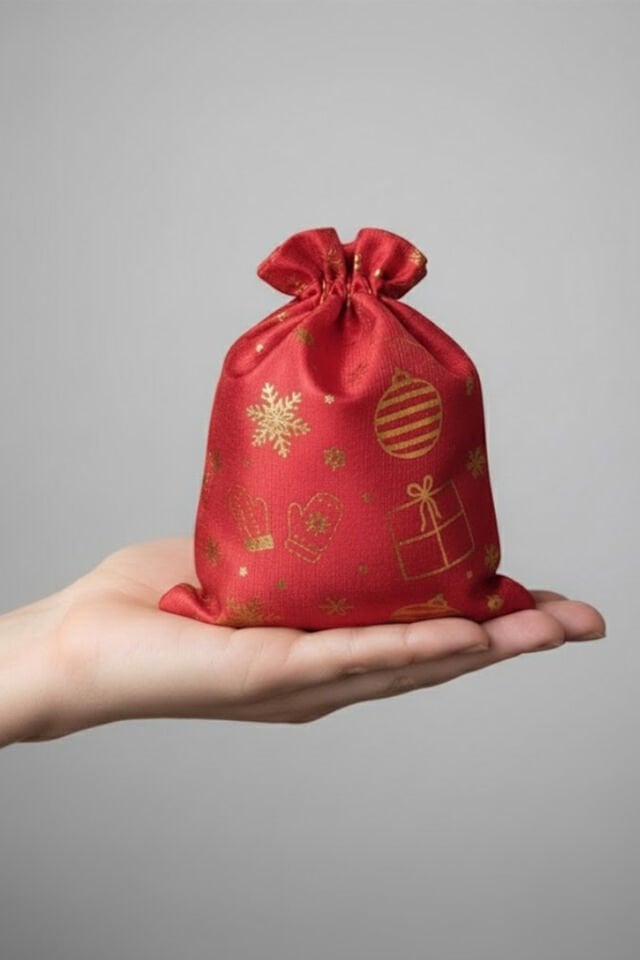 Büyük Boy Kırmızı Altın Varaklı Kumaş Hediye Kesesi - 12 ADET - 13x18 cm – Yılbaşı Hediye Torbası