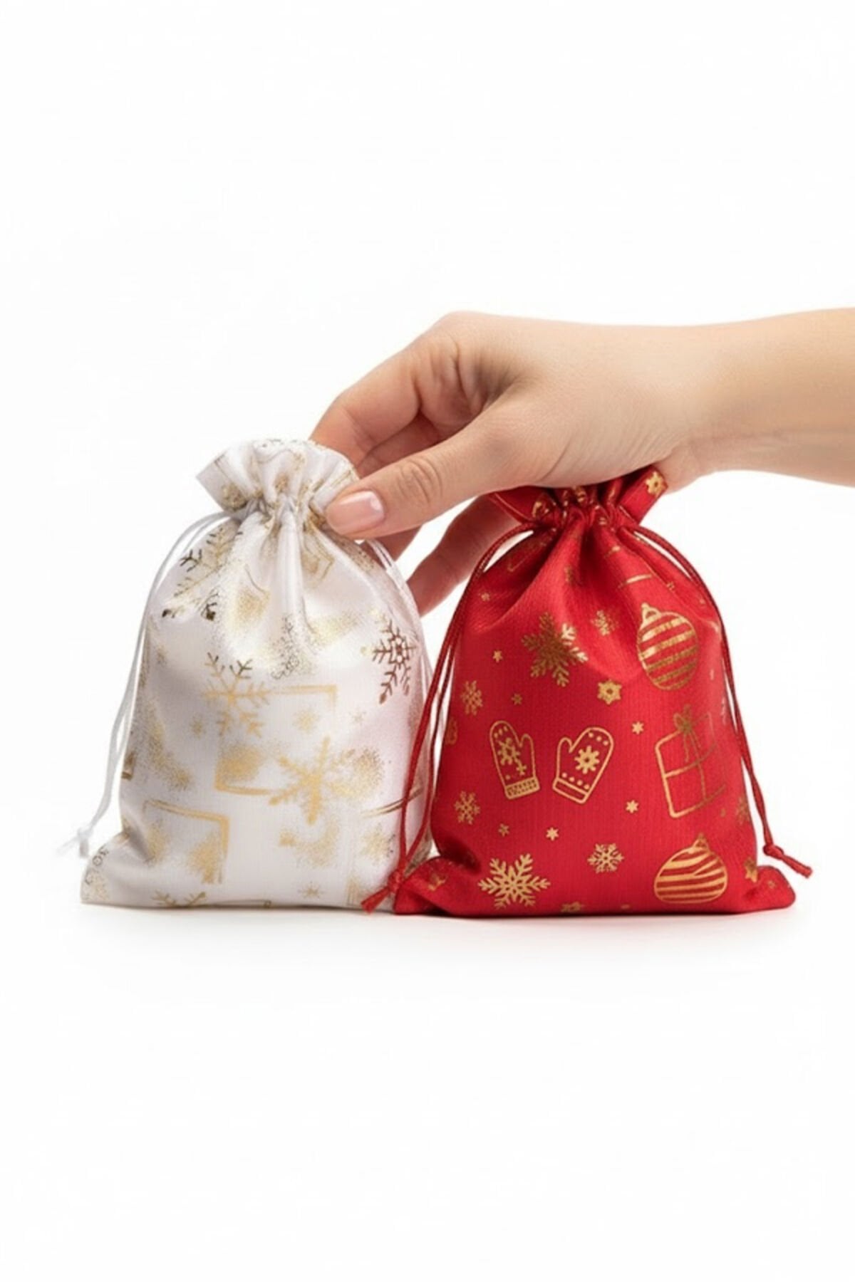 Küçük ve Büyük Boy 2'li Set 12 ADET Altın Varaklı Kumaş Hediye Kesesi Yılbaşı - Hediye Torbası