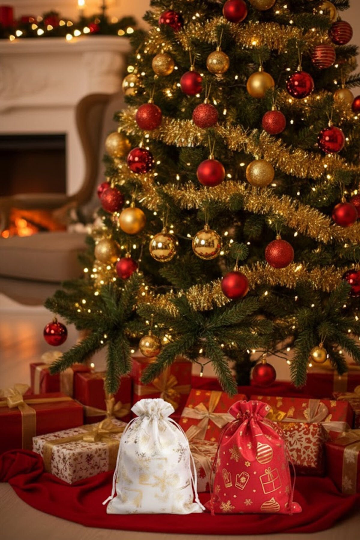 Küçük ve Büyük Boy 2'li Set 2 ADET Altın Varaklı Kumaş Hediye Kesesi Yılbaşı - Hediye Torbası