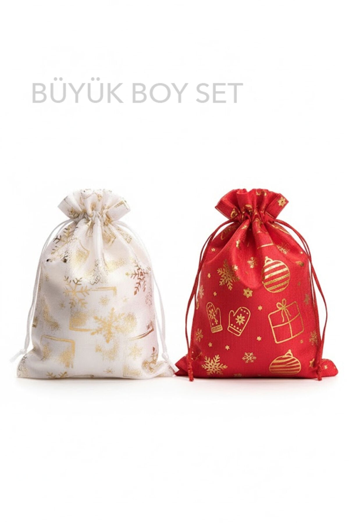 Küçük ve Büyük Boy 2'li Set 24 ADET Altın Varaklı Kumaş Hediye Kesesi Yılbaşı - Hediye Torbası