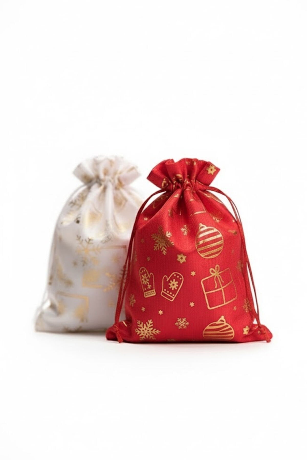 Küçük ve Büyük Boy 2'li Set 8 ADET Altın Varaklı Kumaş Hediye Kesesi Yılbaşı - Hediye Torbası