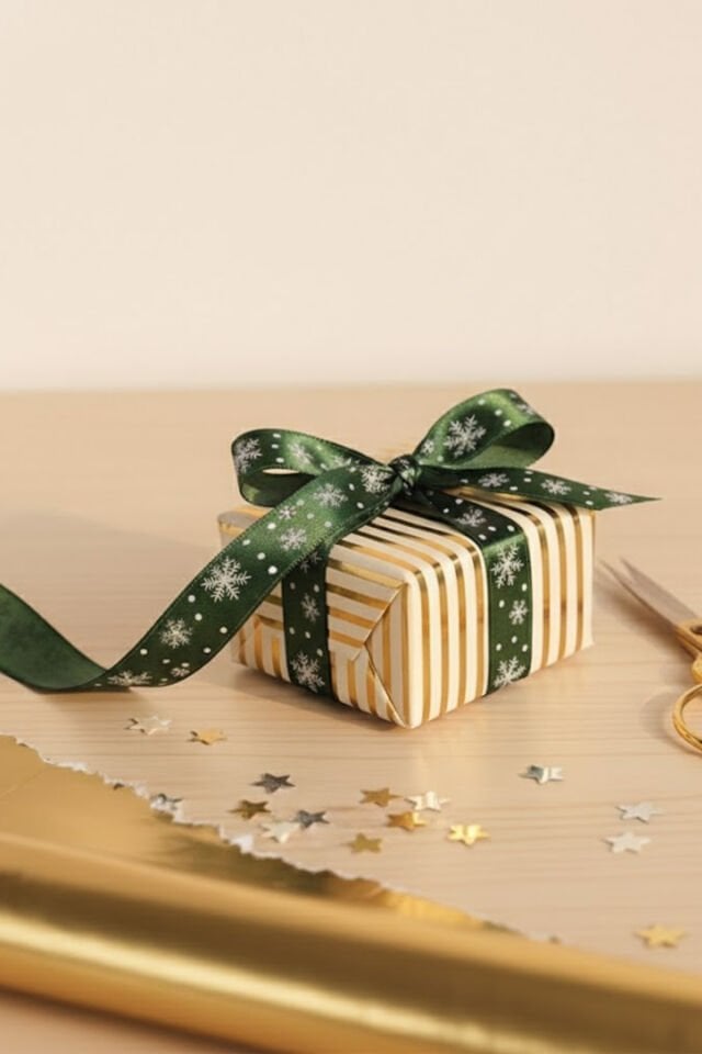 eşil / Beyaz Kar Tanesi Desenli Saten Kurdele 2 cm x 20m – Hediye Paketleme Yeni Yıl Kurdelesi