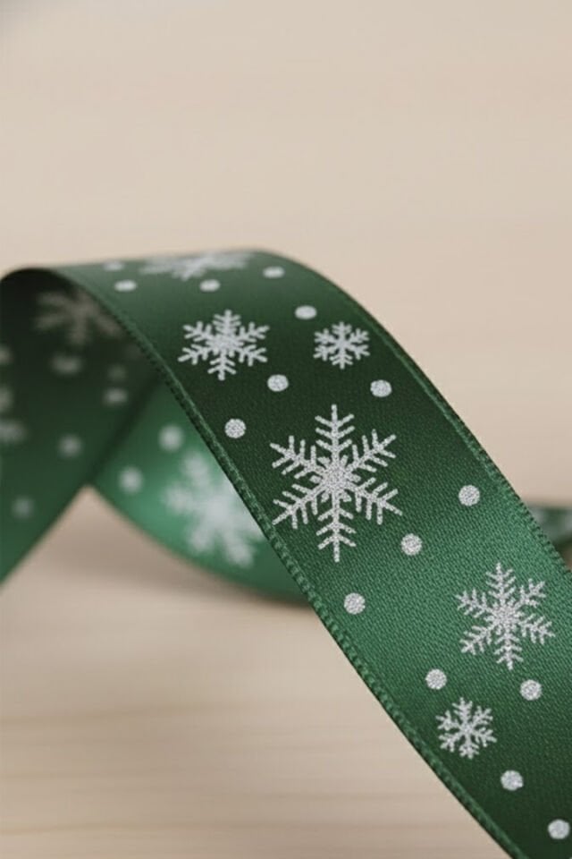 eşil / Beyaz Kar Tanesi Desenli Saten Kurdele 2 cm x 20m – Hediye Paketleme Yeni Yıl Kurdelesi