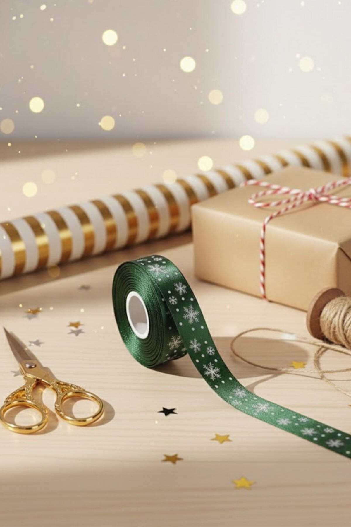 eşil / Beyaz Kar Tanesi Desenli Saten Kurdele 2 cm x 20m – Hediye Paketleme Yeni Yıl Kurdelesi