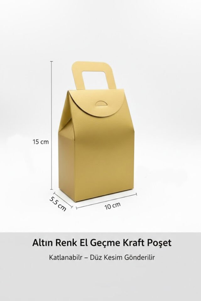 Altın Renk El Geçme Kraft Poşet 10 ADET 15x10x5,5 cm – Katlanabilir Hediye Poşeti Çerezlik Kınalık