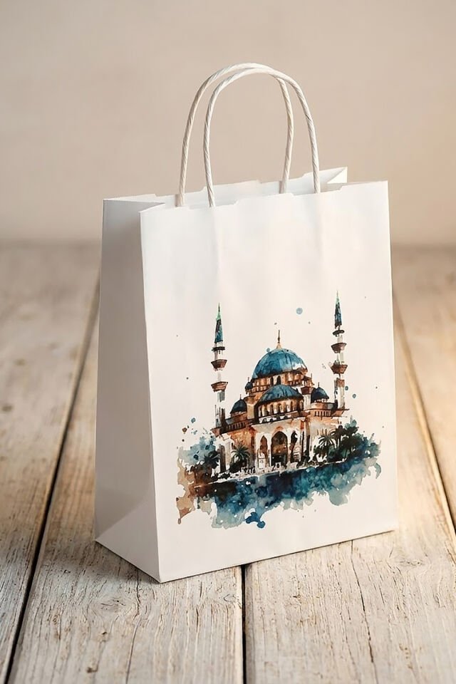 Ramazan Temalı Baskılı Kağıt Poşet 10 ADET | 8x18x23 cm | Burgu Saplı Hediye Poşeti