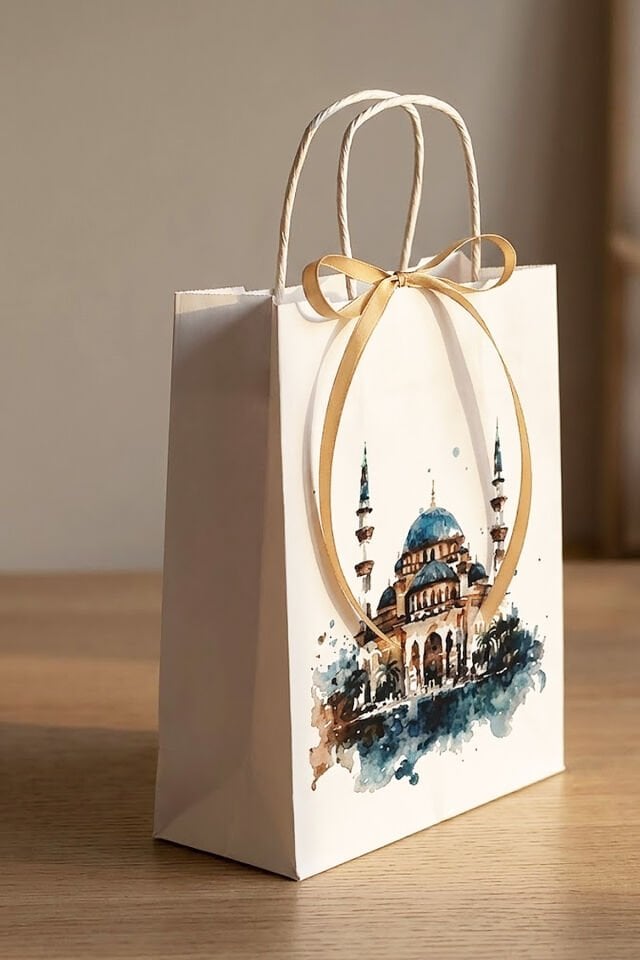 Ramazan Temalı Baskılı Kağıt Poşet 10 ADET | 8x18x23 cm | Burgu Saplı Hediye Poşeti