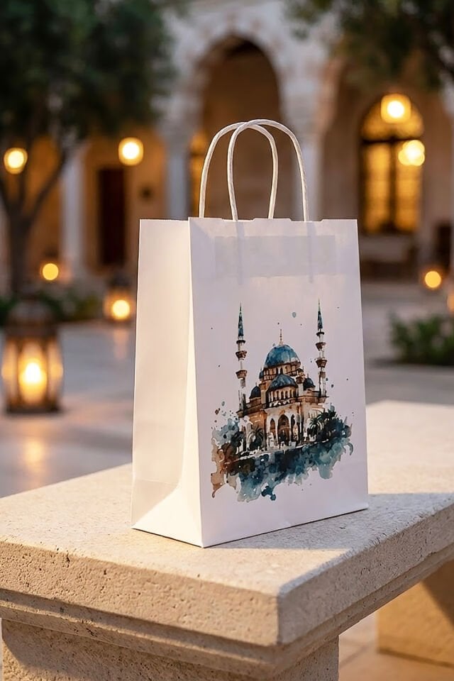 Ramazan Temalı Baskılı Kağıt Poşet 10 ADET | 8x18x23 cm | Burgu Saplı Hediye Poşeti
