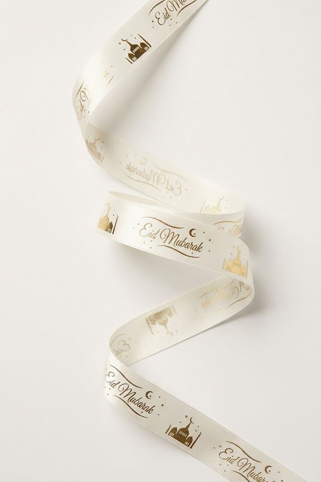 Altın Varaklı ''Eid Mubarak'' Yazılı Saten Kurdele - 2.5cm x 5m - Yaldızlı Ramazan Süsleme Kurdelesi