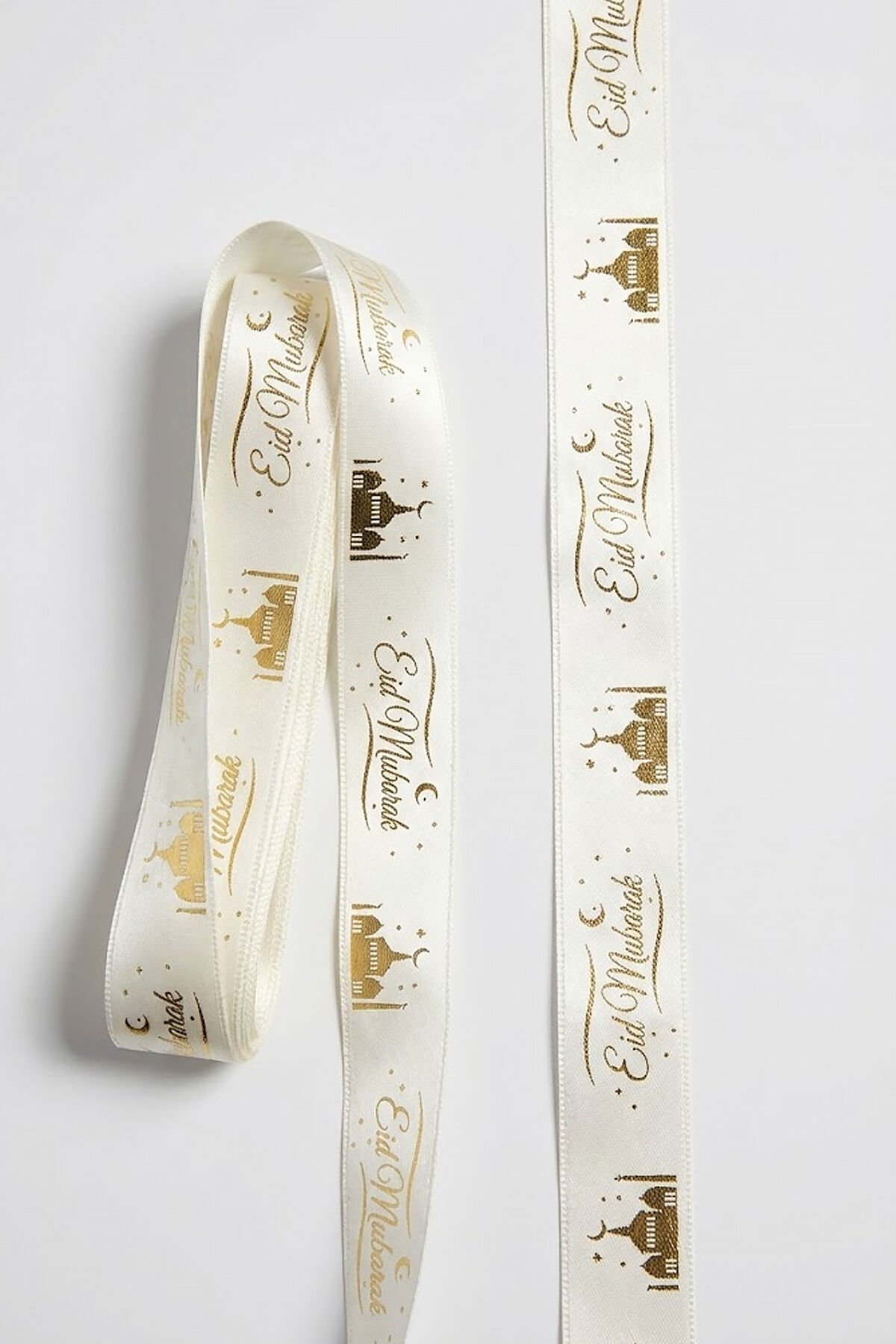 Altın Varaklı ''Eid Mubarak'' Yazılı Saten Kurdele - 2.5cm x 5m - Yaldızlı Ramazan Süsleme Kurdelesi