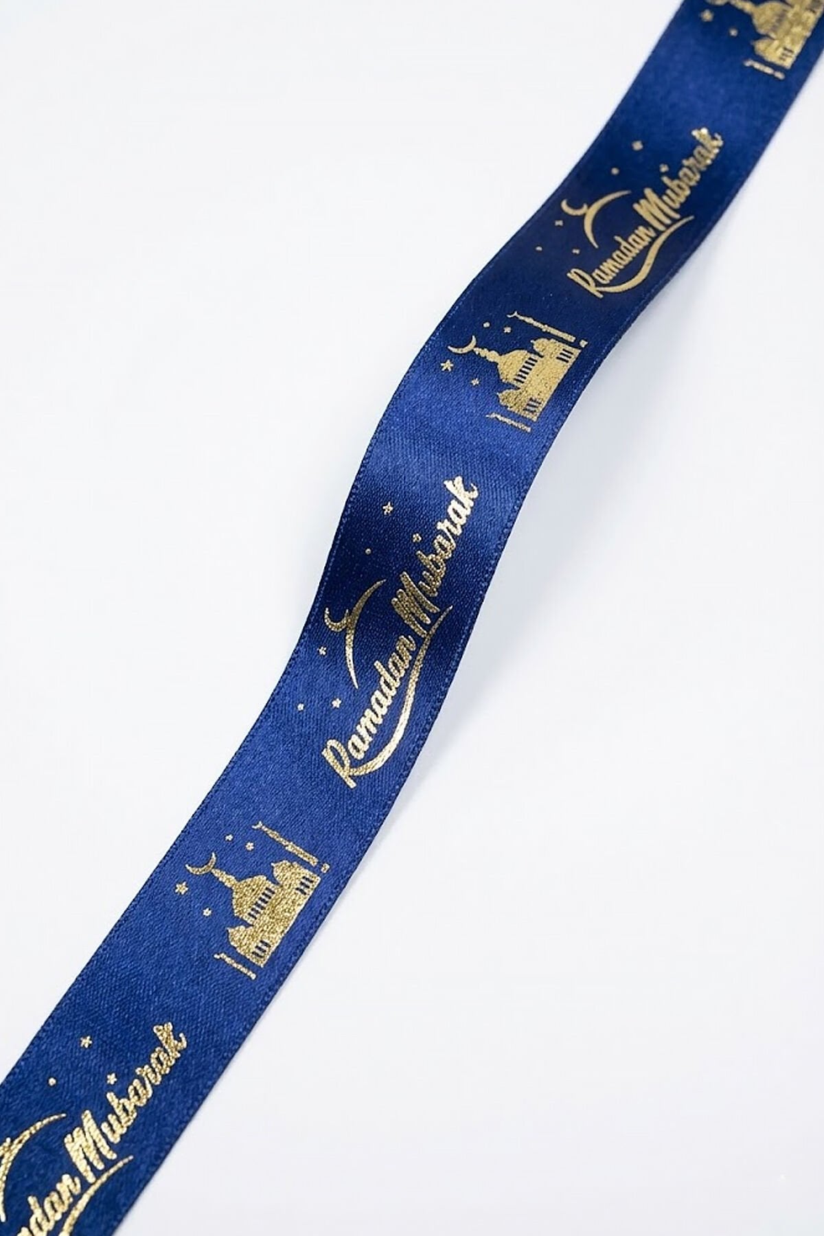Ramadan Mubarak Altın Baskılı Lacivert Kurdele 5 Metre – Altın Yaldızlı Ramazan Süsleme Kurdelesi