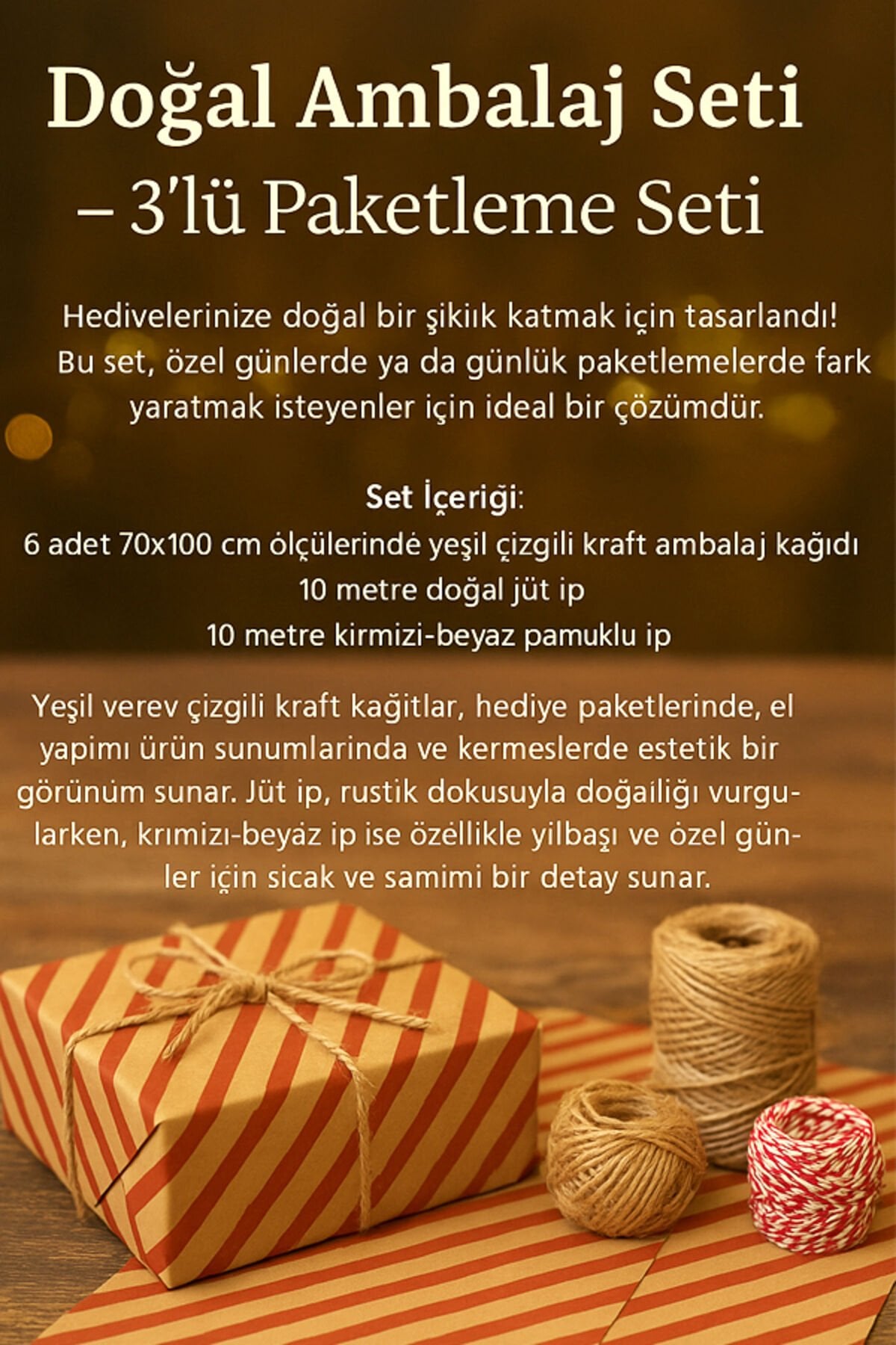 Rustik Paketleme Seti Kağıt- Jüt İp - KırmızıBeyaz İp KIRMIZI Çizgili Hediye Paketi Seti Kraft Kağıt