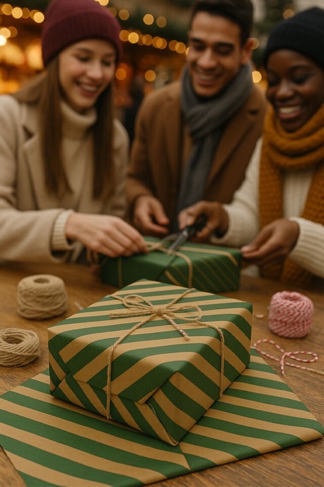 Rustik Paketleme Seti Kağıt - Jüt İp - KırmızıBeyaz İp Yeşil Çizgili Hediye Paketi Seti Kraft Kağıt