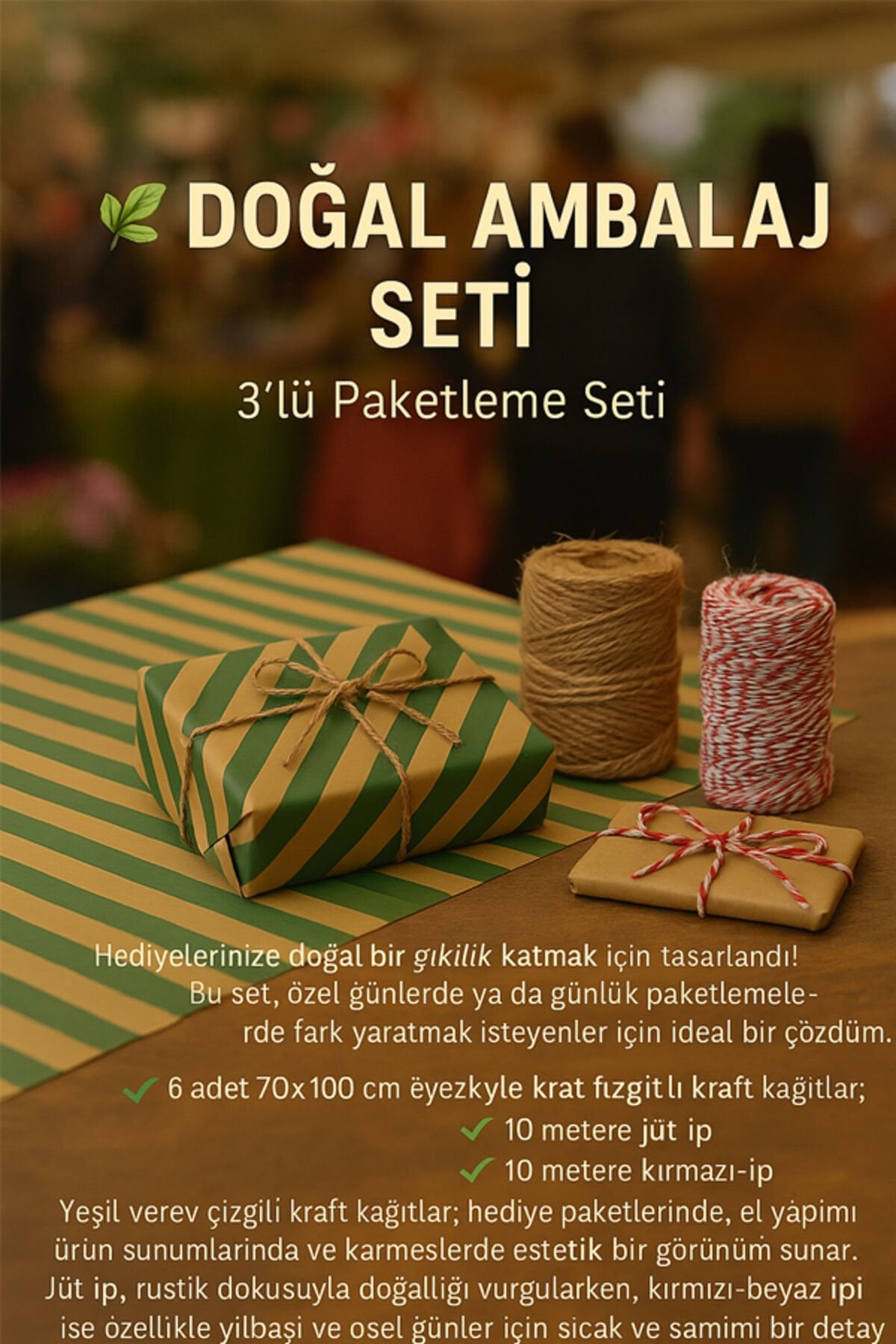 Rustik Paketleme Seti Kağıt - Jüt İp - KırmızıBeyaz İp Yeşil Çizgili Hediye Paketi Seti Kraft Kağıt