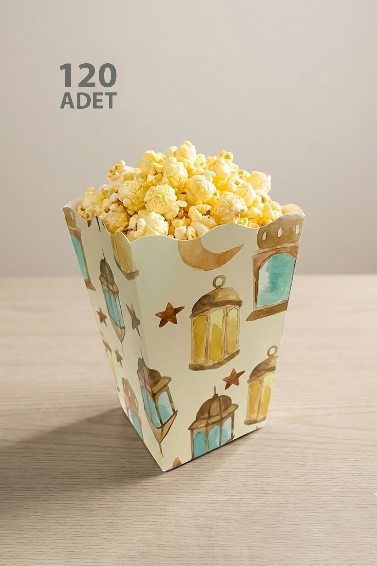 Ramazan Temalı Popcorn Kutusu – Fener Desenli Karton Kutu – 120 Adet Krem