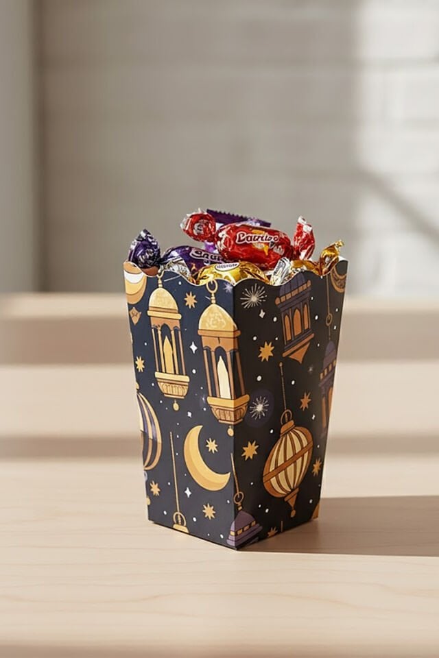 Ramazan Temalı Popcorn Kutusu – Fener Desenli Karton Kutu – 120 Adet Lacivert