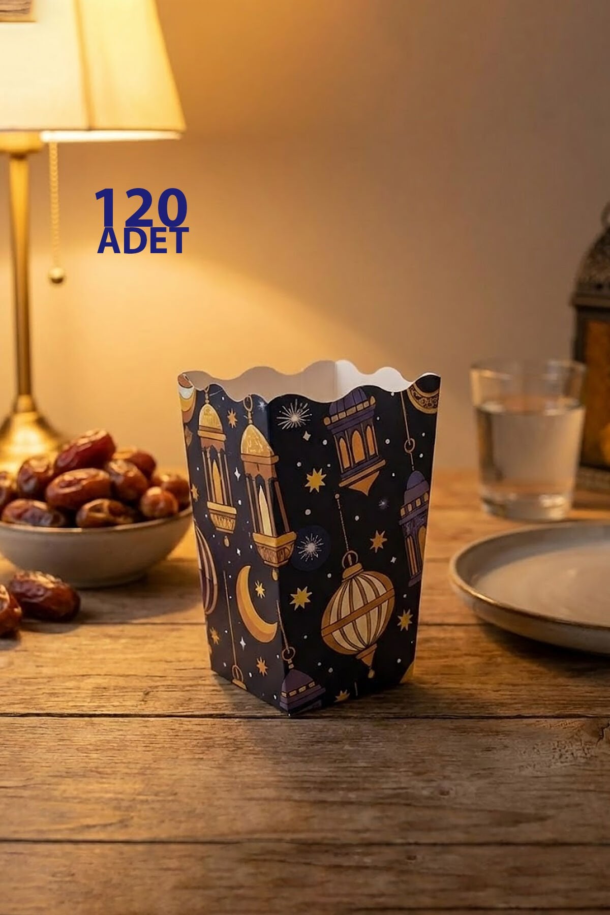 Ramazan Temalı Popcorn Kutusu – Fener Desenli Karton Kutu – 120 Adet Lacivert
