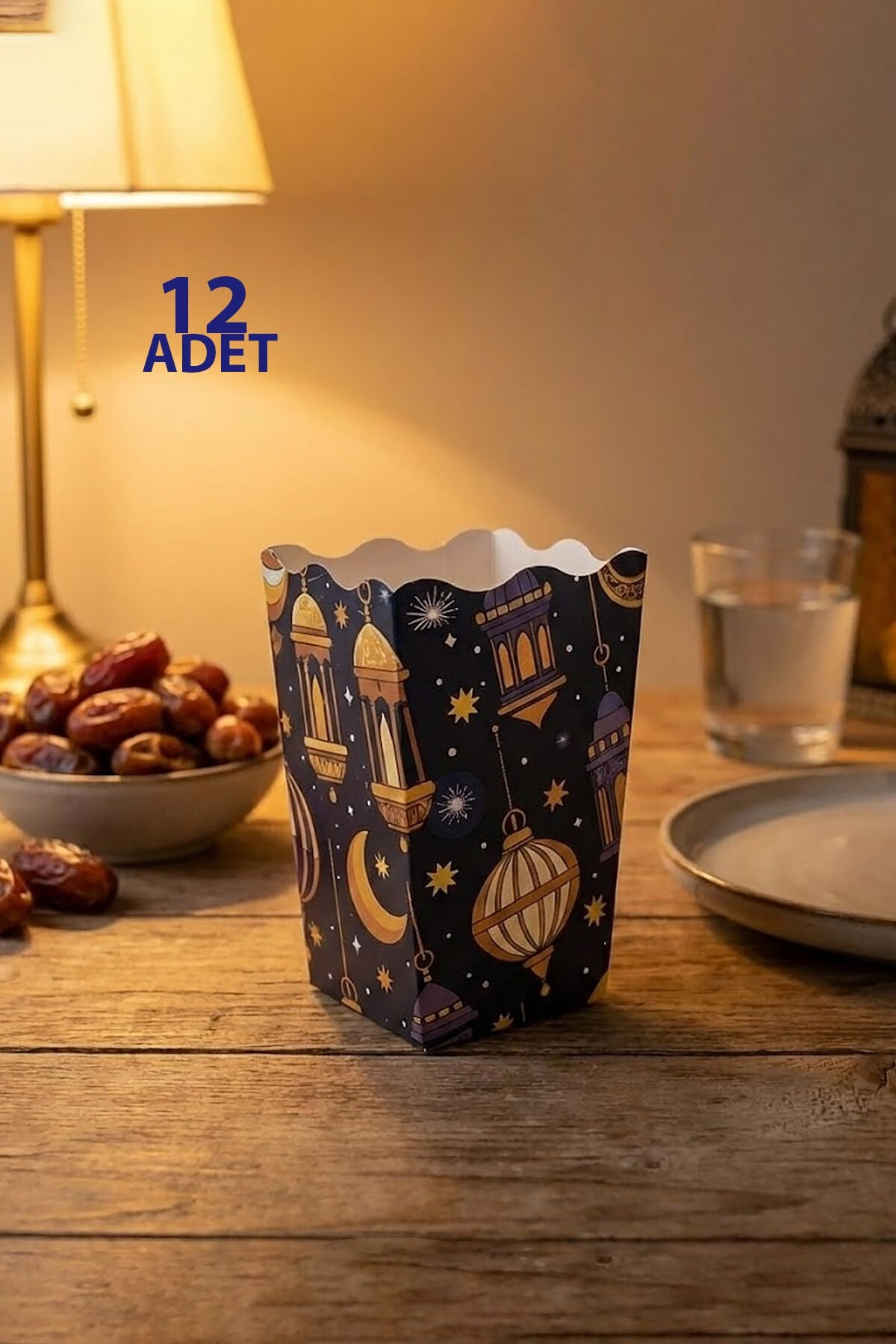 Ramazan Temalı Popcorn Kutusu – Fener Desenli Karton Kutu – 12 Adet Lacivert