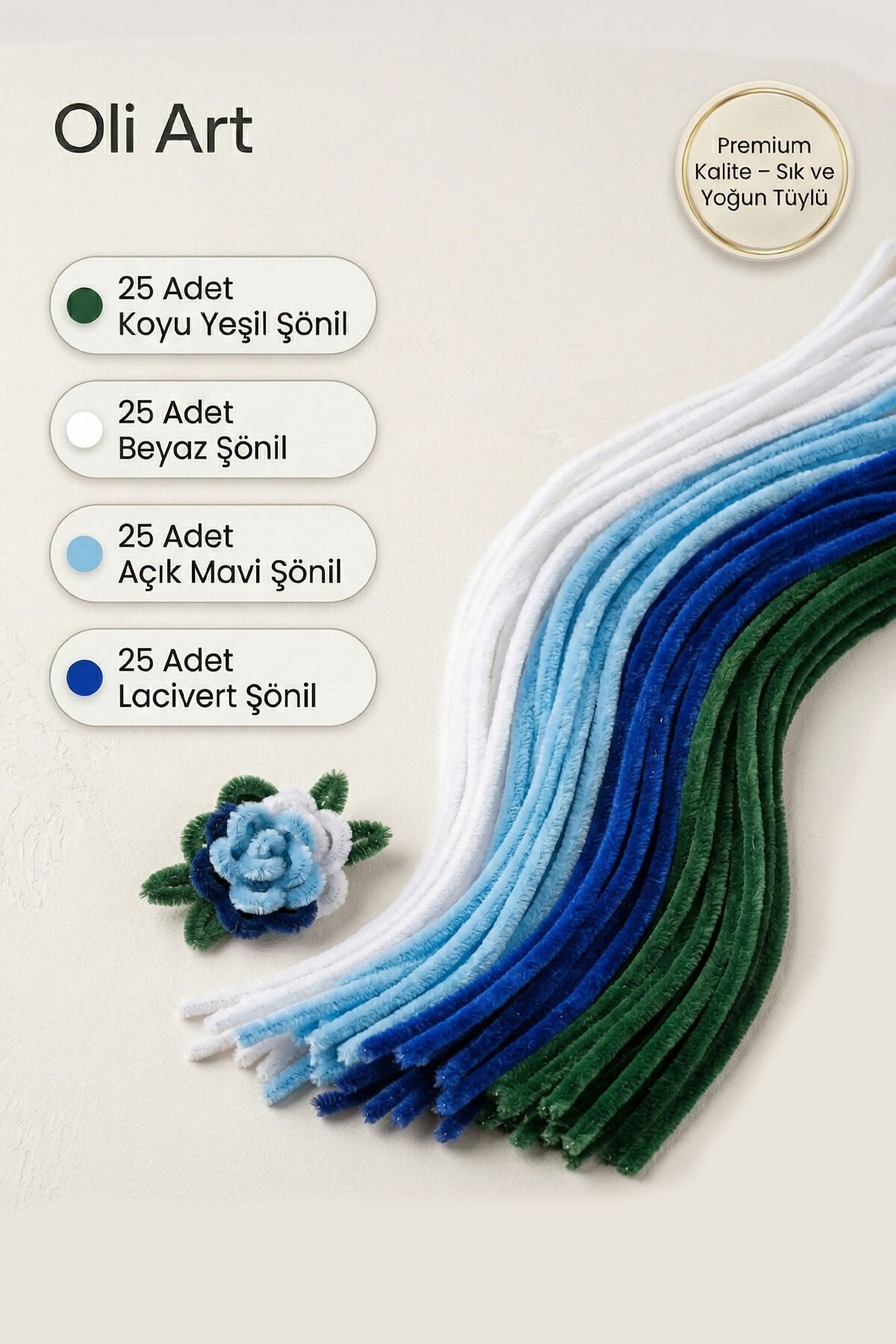 Renkli Şönil Seti 100 Adet - (Beyaz, Mavi, K.Mavi, Yeşil) Çiçek Yapım Seti