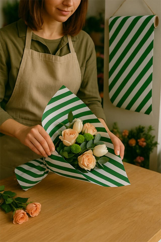 Yeşil Beyaz Verev Çizgi Ambalaj Kağıdı 10 Adet 70x100cm Hediye Paketleme Hediye Kağıdı
